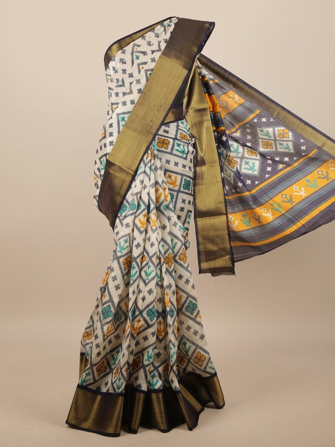 

Pothys Cream-Coloured & Blue Geometric Printed Saree