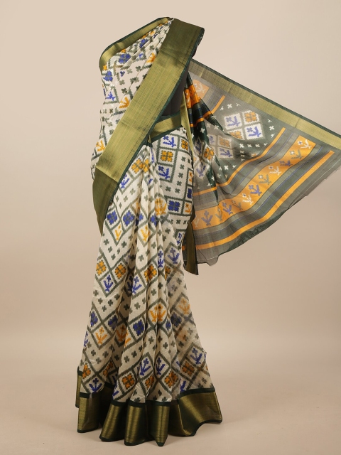 

Pothys Cream-Coloured & Green Geometric Printed Saree