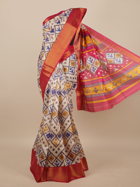 

Pothys Cream-Coloured & Pink Geometric Printed Saree