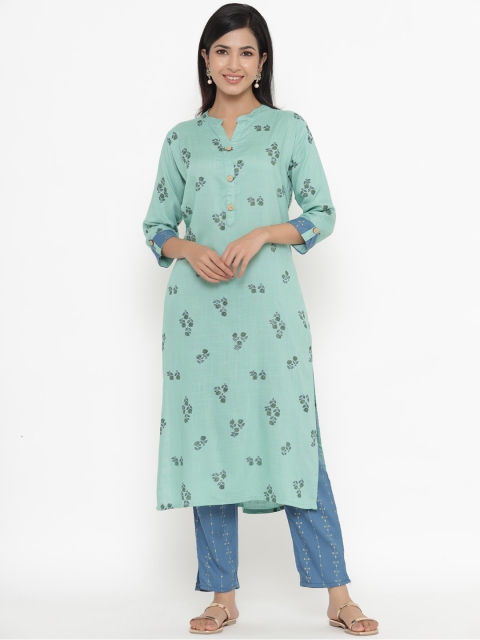 

UNISETS Women Teal Floral Printed Regular Kurta with Trousers