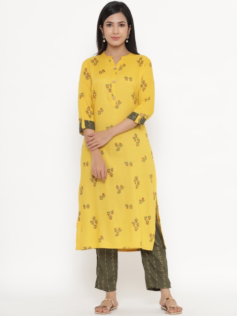 

UNISETS Women Gold-Toned Floral Printed Regular Kurta with Trousers