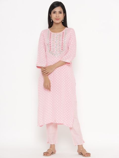 

UNISETS Women Pink Floral Embroidered Regular Kurta with Trousers