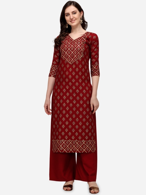 

SAADHVI Women Maroon Ethnic Motifs Printed Regular Kurta with Palazzos