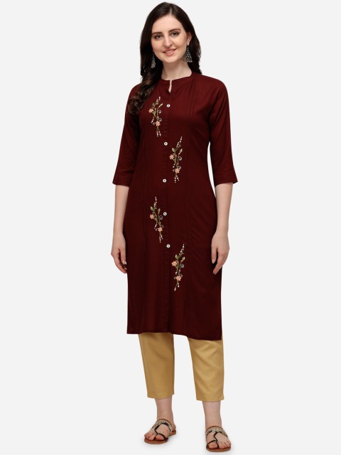

SAADHVI Women Maroon Floral Embroidered Kurta with Trousers