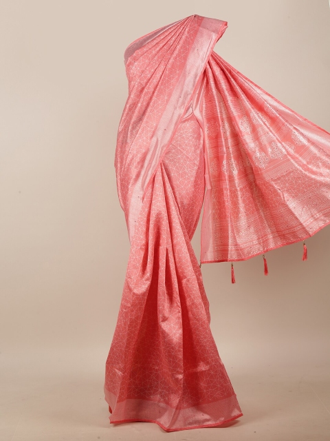 

Pothys Peach-Coloured & Silver-Toned Printed Zari Saree