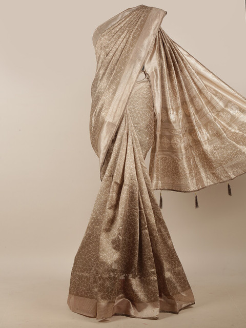 

Pothys Tan & White Geometric Printed Beads & Stone Cotton Blend Saree