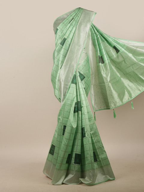 

Pothys Green & Silver Geometric Printed Beads & Stone Cotton Blend Saree