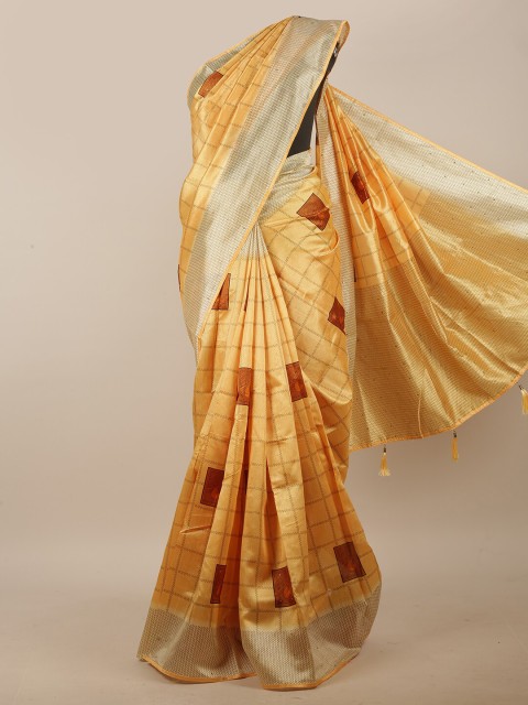 

Pothys Mustard & Brown Geometric Printed Beads & Stone Cotton Blend Saree