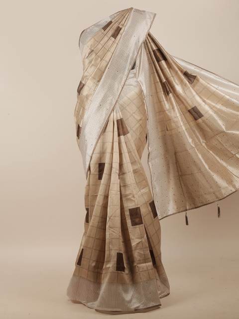 

Pothys Tan & Brown Geometric Printed Beads & Stone Cotton Blend Saree