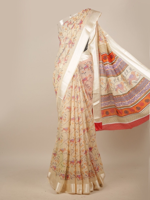 

Pothys Cream & Red Floral Printed Cotton Blend Saree