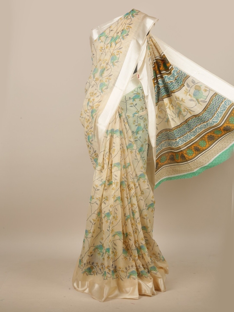 

Pothys Cream & Green Floral Printed Cotton Blend Saree