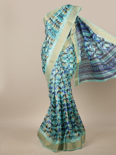

Pothys Turquoise Blue & Brown Geometric Printed Cotton Blend Saree