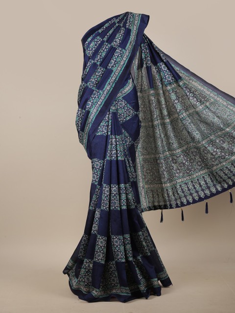 

Pothys Navy Blue & Green Ethnic Motifs Printed Cotton Blend Saree