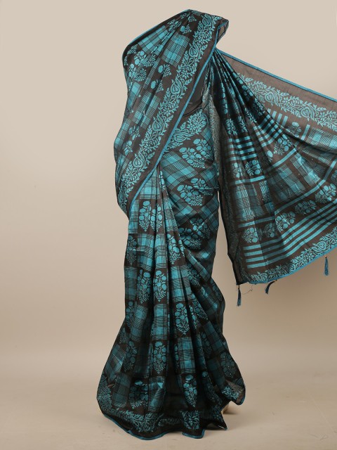 

Pothys Blue & Black Floral Printed Beads & Stones Cotton Blend Saree