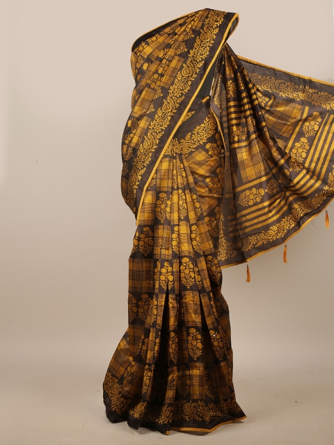 

Pothys Mustard & Black Floral Printed Cotton Blend Saree