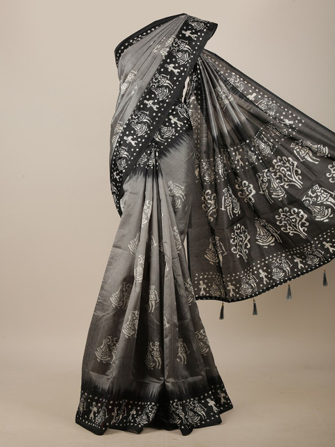 

Pothys Grey & Black Warli Printed Cotton Blend Saree