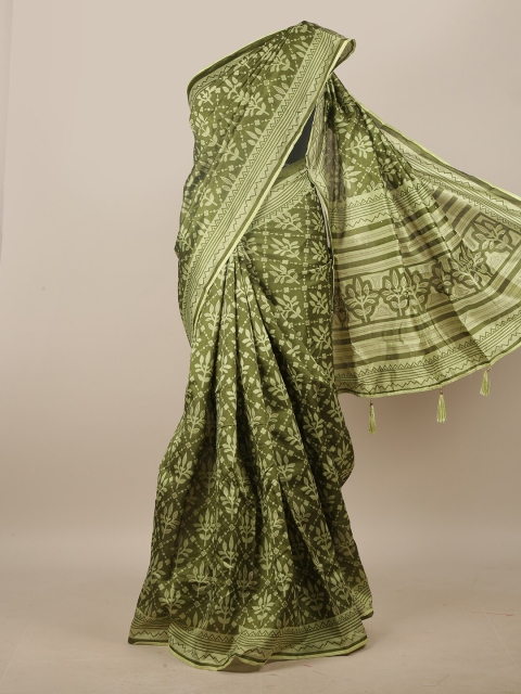 

Pothys Green-Coloured Ethnic Motifs Printed Beads & Stones Cotton Blend Saree