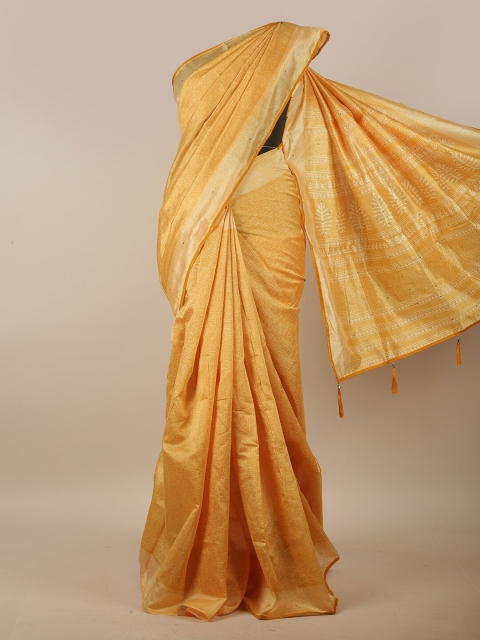 

Pothys Mustard & White Geometric Printed Beads & Stones Cotton Blend Saree
