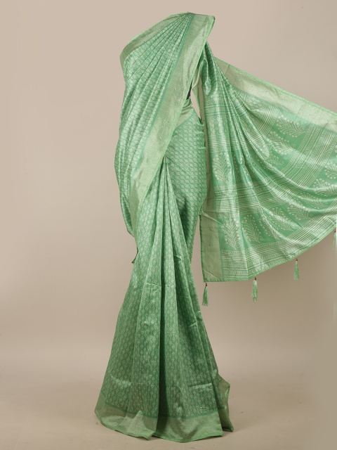 

Pothys Green & White Geometric Printed Beads & Stones Cotton Blend Saree