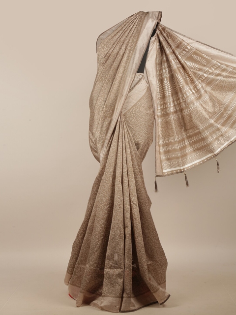 

Pothys Tan & White Geometric Printed Beads & Stones Cotton Blend Saree