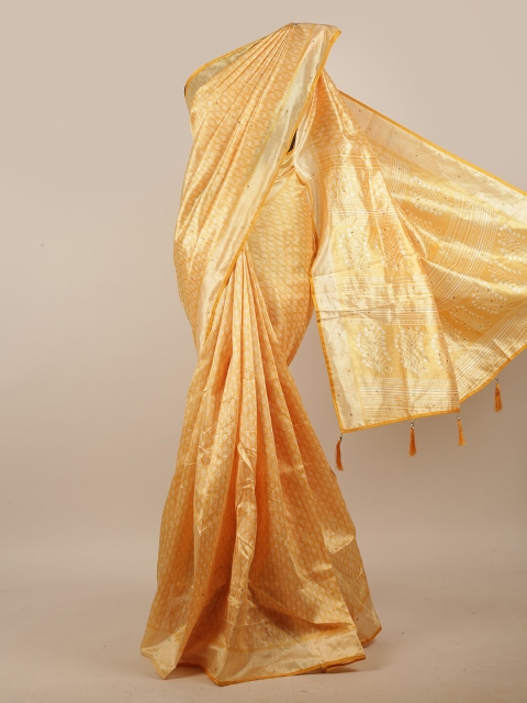 

Pothys Mustard & Silver Geometric Printed Beads & Stones Cotton Blend Saree