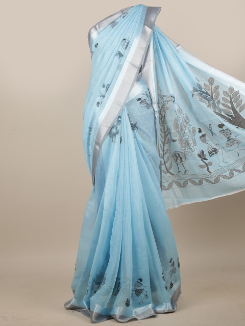 

Pothys Blue & Grey Warli Printed Cotton Blend Saree