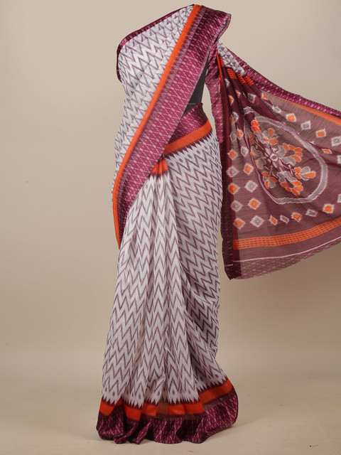 

Pothys Off White & Purple Geometric Printed Cotton Blend Saree