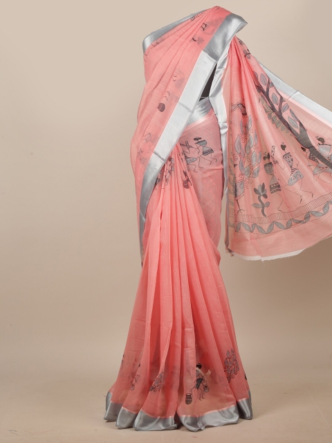 

Pothys Pink & Silver Warli Printed Cotton Blend Saree