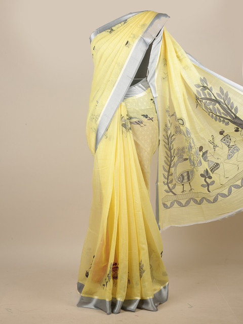 

Pothys Yellow & Grey Warli Printed Cotton Blend Saree