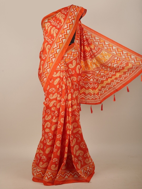 

Pothys Orange & White Paisley Printed Cotton Blend Saree