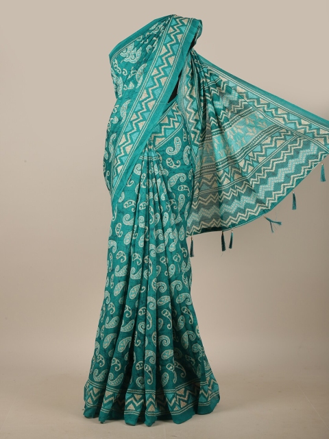 

Pothys Green & White Paisley Printed Cotton Blend Saree