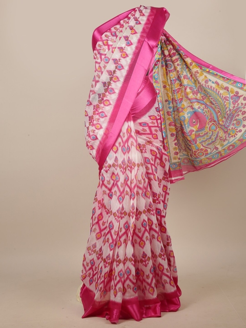 

Pothys Off White & Fuchsia Ethnic Motifs Printed Cotton Blend Saree