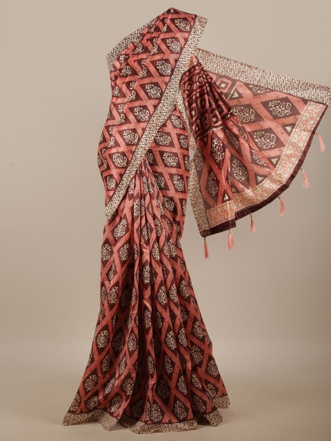 

Pothys Pink & Brown Ethnic Motifs Printed Cotton Blend Saree