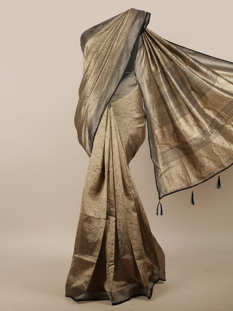 

Pothys Tan & Black Geometric Printed Beads & Stones Cotton Blend Saree