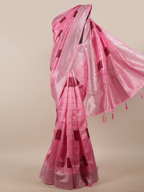 

Pothys Pink & Off White Geometric Printed Beads & Stones Cotton Blend Saree