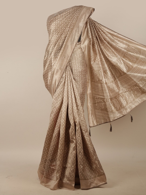 

Pothys Tan & Off White Geometric Printed Beads & Stones Cotton Blend Saree