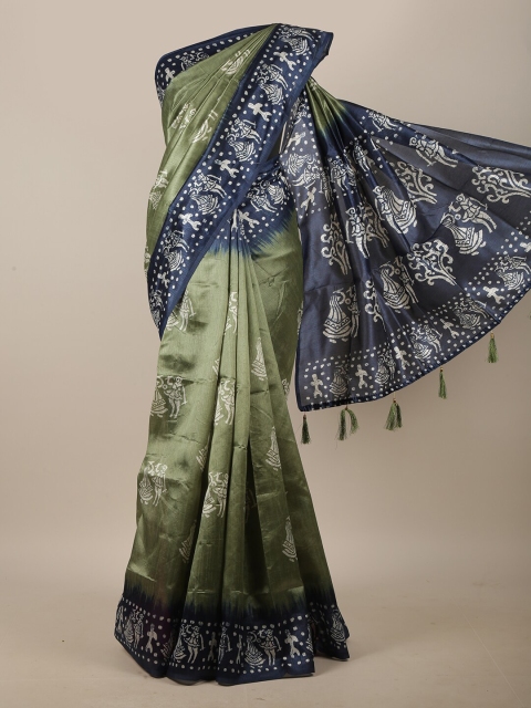 

Pothys Green & Navy Blue Warli Printed Cotton Blend Saree