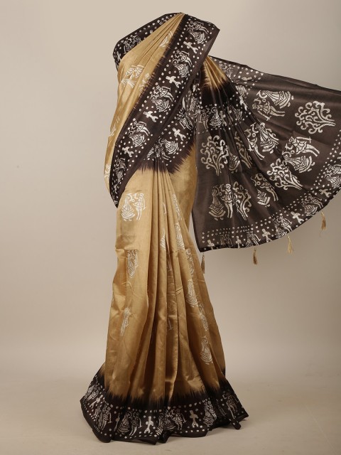 

Pothys Cream & Brown Warli Printed Cotton Blend Saree