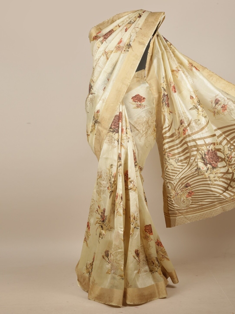 

Pothys Cream & Peach Floral Printed Cotton Blend Saree