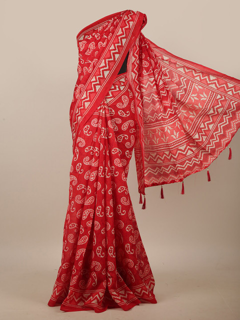 

Pothys Red & White Paisley Printed Cotton Blend Saree