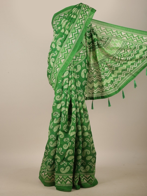 

Pothys Green & White Paisley Printed Cotton Blend Saree
