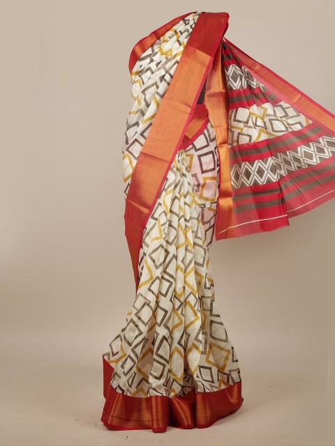 

Pothys Cream & Red Geometric Printed Cotton Blend Saree