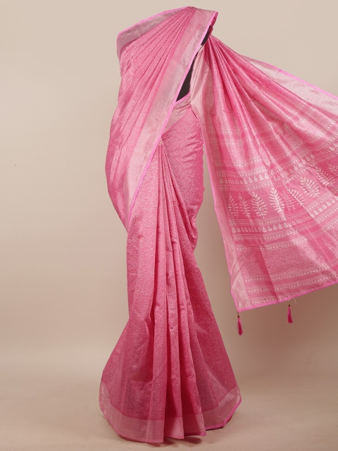 

Pothys Pink & White Geometric Printed Beads & Stones Cotton Blend Saree