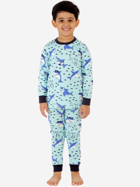 

Lazy Shark Boys Blue & White Printed Night suit