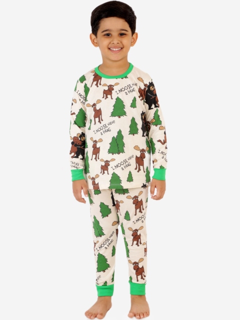 

Lazy Shark Boys Cream-Coloured & Graphic Green Printed Night suit