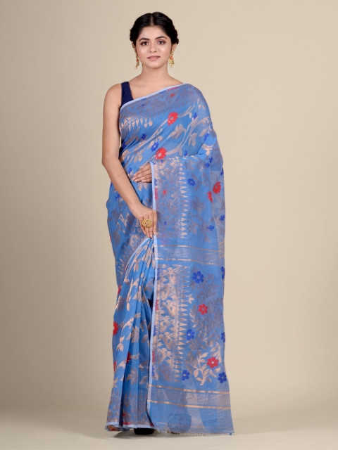 

Charukriti Blue & Red Floral Woven Design Jamdani Saree