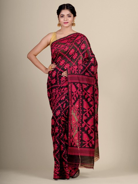 

Charukriti Black & Pink Woven Design Silk Cotton handwoven Jamdani Saree