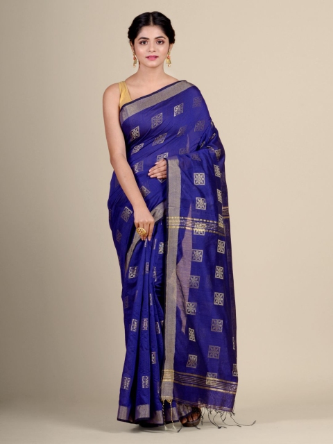 

Charukriti Navy Blue Cotton Blended handwoven saree