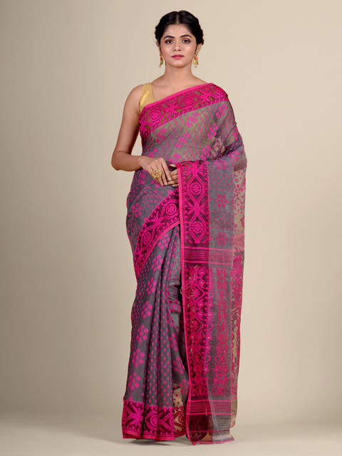

Charukriti Grey & Pink Woven Design Silk Cotton Jamdani Saree