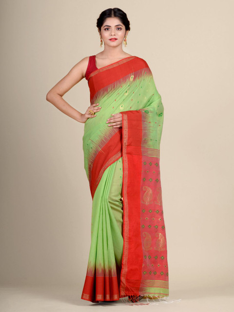 

Charukriti Green & Red Woven Design Soft Cotton handwoven Saree